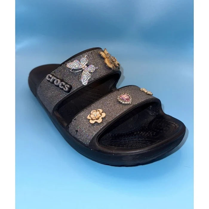 Crocs Classic Glitter Embellished Women's Slide Sandals Black Sparkle – Size 7 NWOT