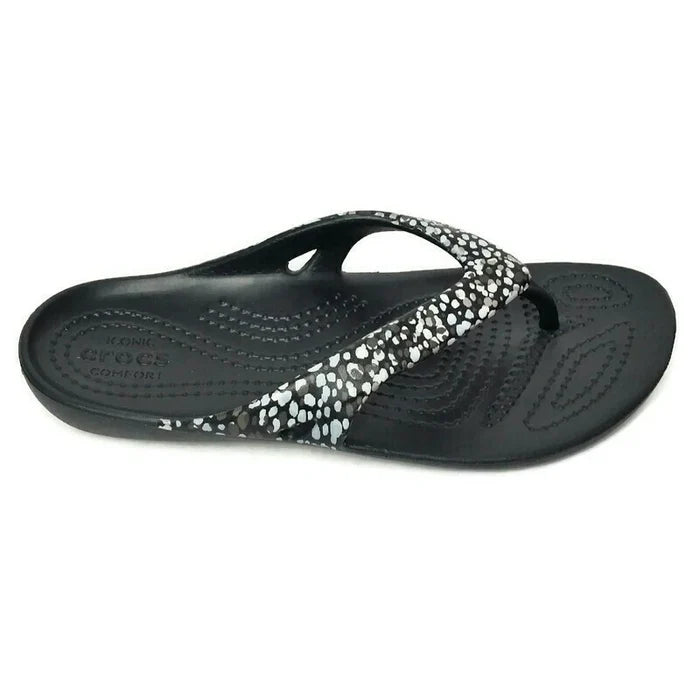 Crocs Kadee II Women's Dots Graphic Flip Flops Black – Relaxed Fit Casual Sandals, Size 4