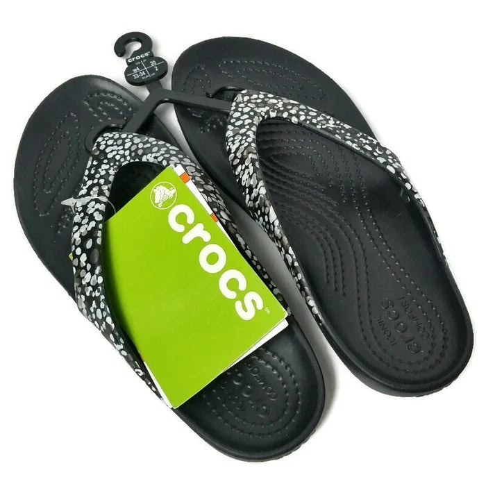 Crocs Kadee II Women's Dots Graphic Flip Flops Black – Relaxed Fit Casual Sandals, Size 4