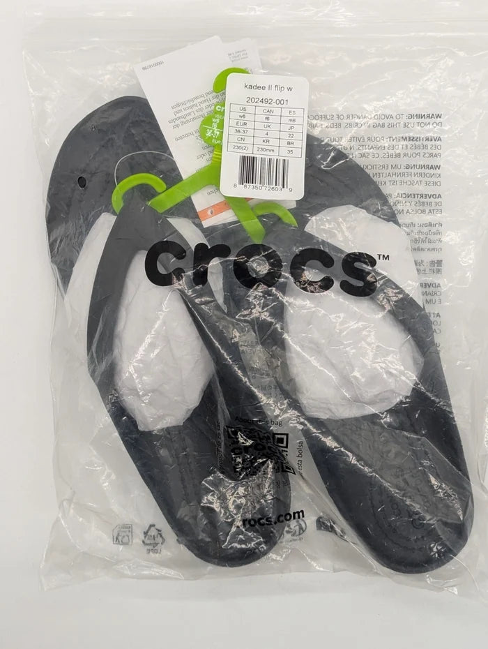 Crocs Kadee II Women's Flip Flop Sandals Black – Summer Thong Shoes, Size 6 / Kids 4Y (J4), New