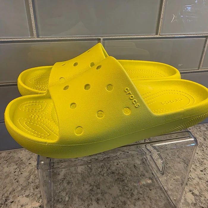 Crocs Unisex Neon Yellow Slides – Women's Size 7 / Men's Size 5, Brand New