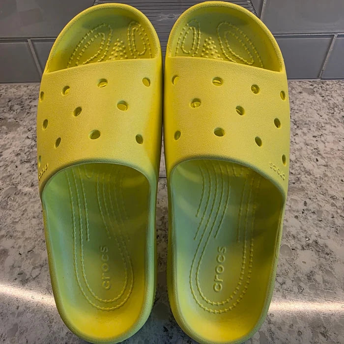 Crocs Unisex Neon Yellow Slides – Women's Size 7 / Men's Size 5, Brand New