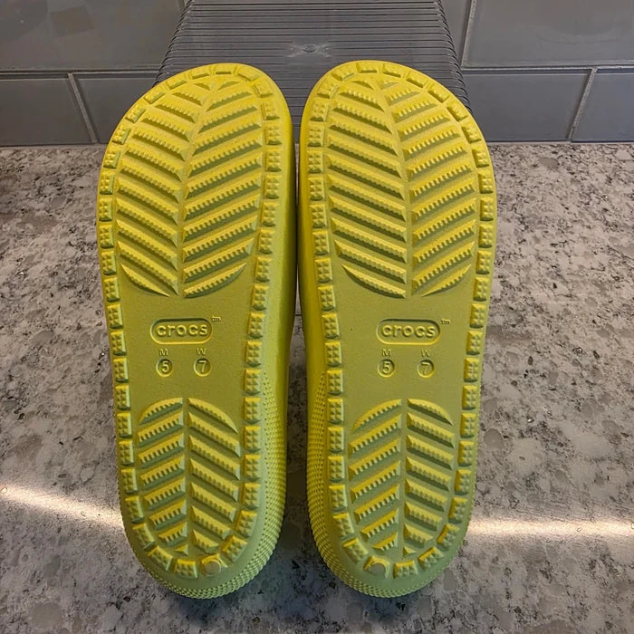 Crocs Unisex Neon Yellow Slides – Women's Size 7 / Men's Size 5, Brand New