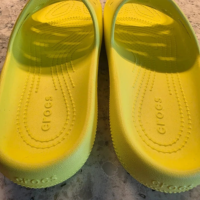 Crocs Unisex Neon Yellow Slides – Women's Size 7 / Men's Size 5, Brand New