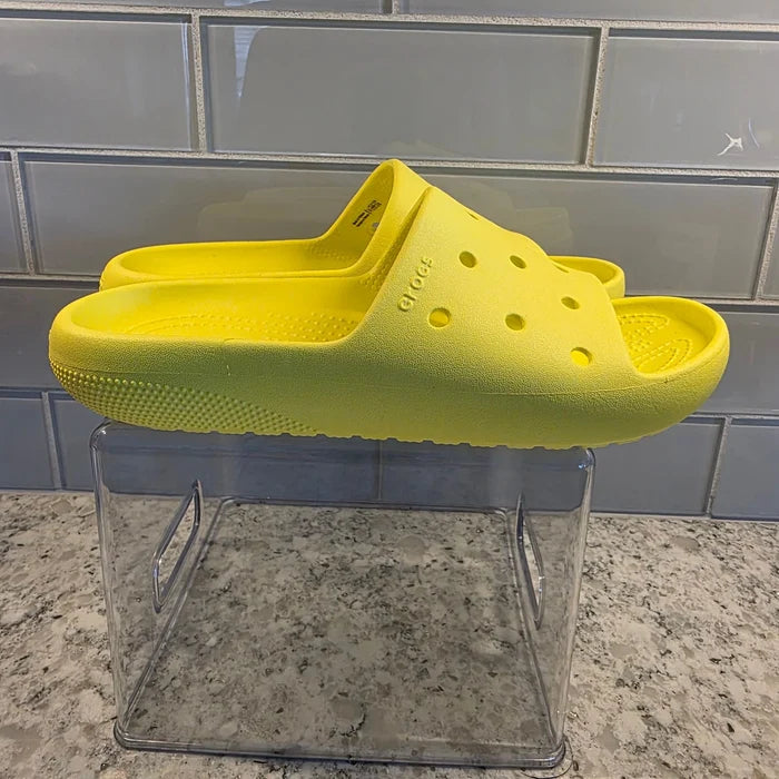 Crocs Unisex Neon Yellow Slides – Women's Size 7 / Men's Size 5, Brand New