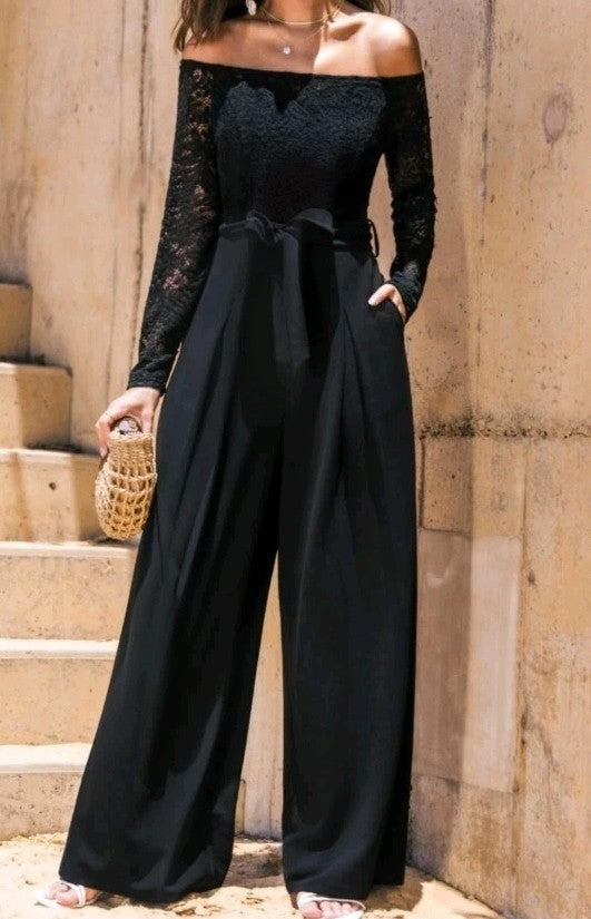 Cupshe Women's Black Elegant Lace Offshoulder Wideleg Jumpsuit Extra Large