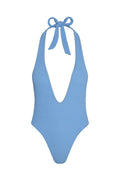 Front view of Cyprus One Piece in Azure Crinkle showing halter tie, deep plunge neckline and high-leg cut on white background