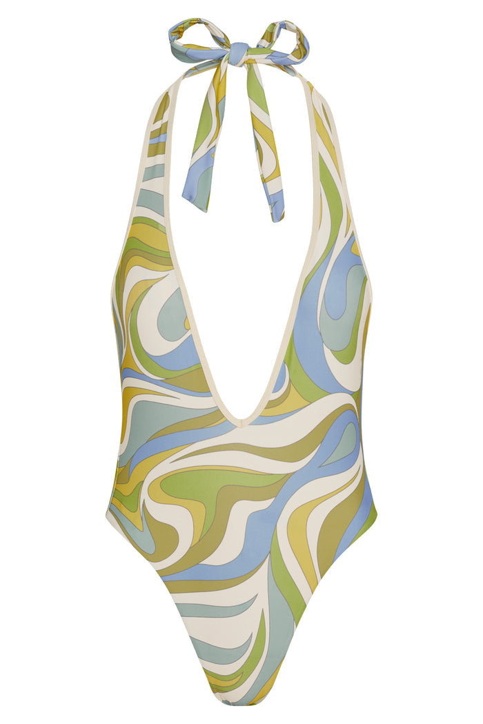 Front view of Cyprus One Piece swimsuit showcasing deep V halter with tie and Costa Rei Apple/Ivory swirl print