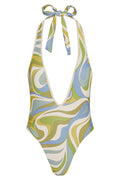 Front view of Cyprus One Piece swimsuit showcasing deep V halter with tie and Costa Rei Apple/Ivory swirl print