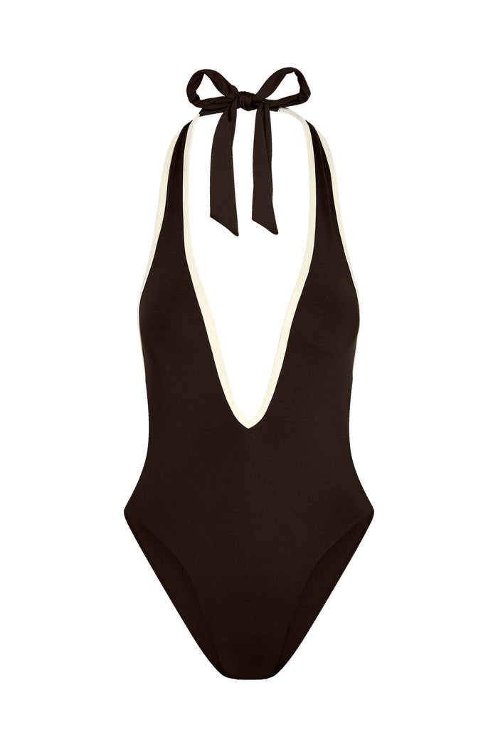 Front view of Cyprus one-piece swimsuit in espresso with ivory trim, halter plunge neckline and high-leg cut