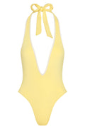 Front of Cyprus One Piece in Meyer/Ivory showing halter plunge, high-cut legs and cheeky coverage on white background