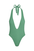 Front view of Cyprus one-piece swimsuit in Pond Crinkle with halter plunge, high-leg cut, textured fabric on white background