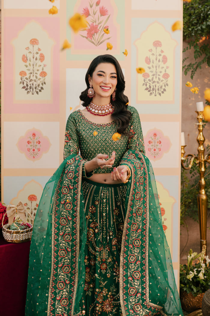 NAQSHI Danir raw‑silk lehenga panel close‑up showcasing heavy hand‑adda embellishments—kora, dabka, thread embroidery—and self-texture play inspired by floral motifs.