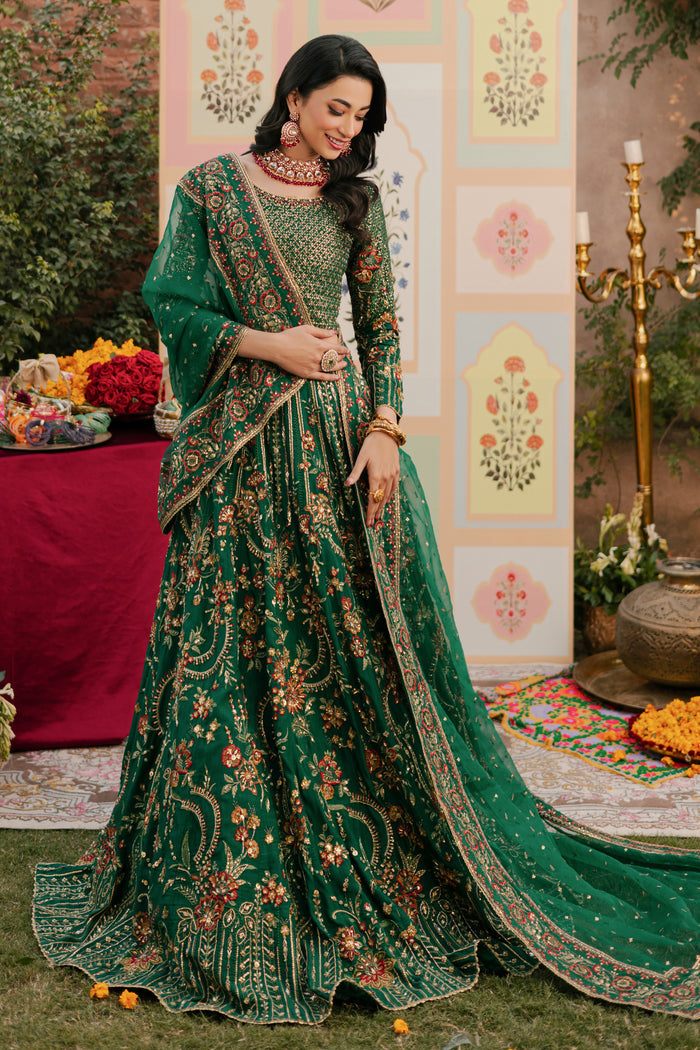 Detailed shot of NAQSHI Danir lehenga hem featuring linear embroidered textures, stone accents and minimal lace finish.
