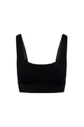 Black square-neck sports bra with wide straps and elastic underband, front view on white background