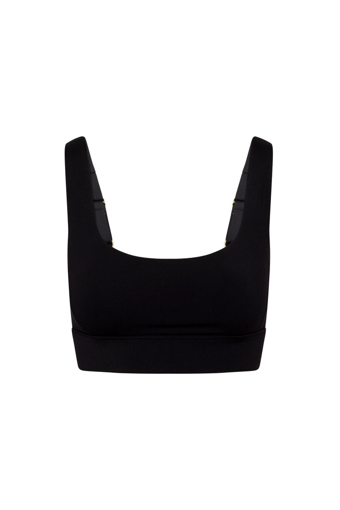 Black square-neck sports bra with wide straps and elastic underband, front view on white background