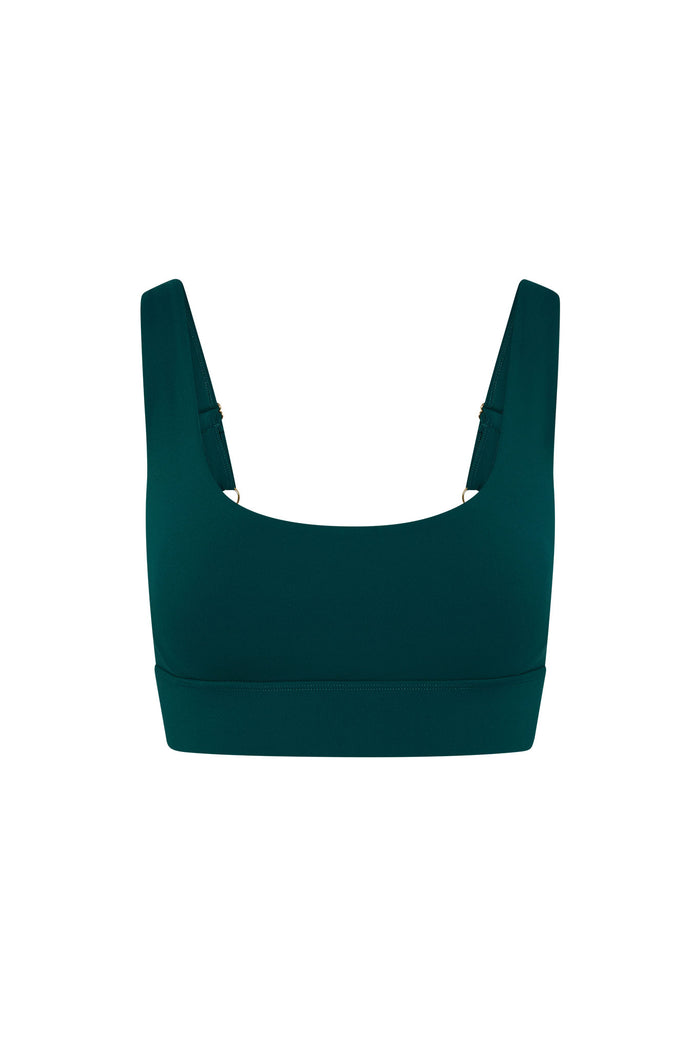 Front view of Denali “The Devin Bra” in Evergreen showing scoop neckline, wide supportive straps, and wide underband on white background