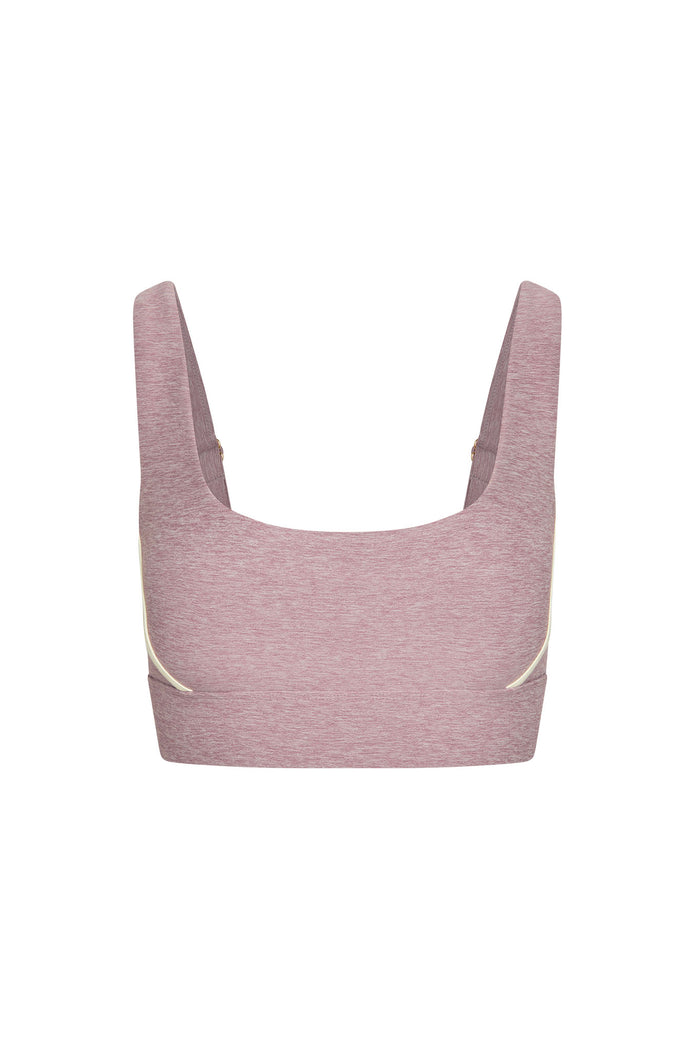 Back view of Devin Bra showcasing wide shoulder straps, scoop back, elasticized band and ivory trim on white background