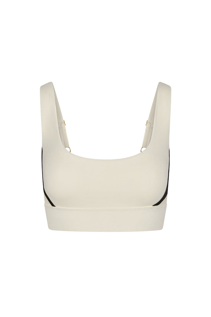 Front view of The Devin Bra in ivory with black side piping, scoop front, adjustable wide straps and elastic underband