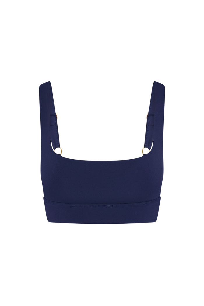 Front view of Devin Bra in Midnight showing square neckline, wide adjustable straps with gold ring hardware on white background