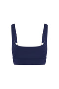 Front view of Devin Bra in Midnight showing square neckline, wide adjustable straps with gold ring hardware on white background