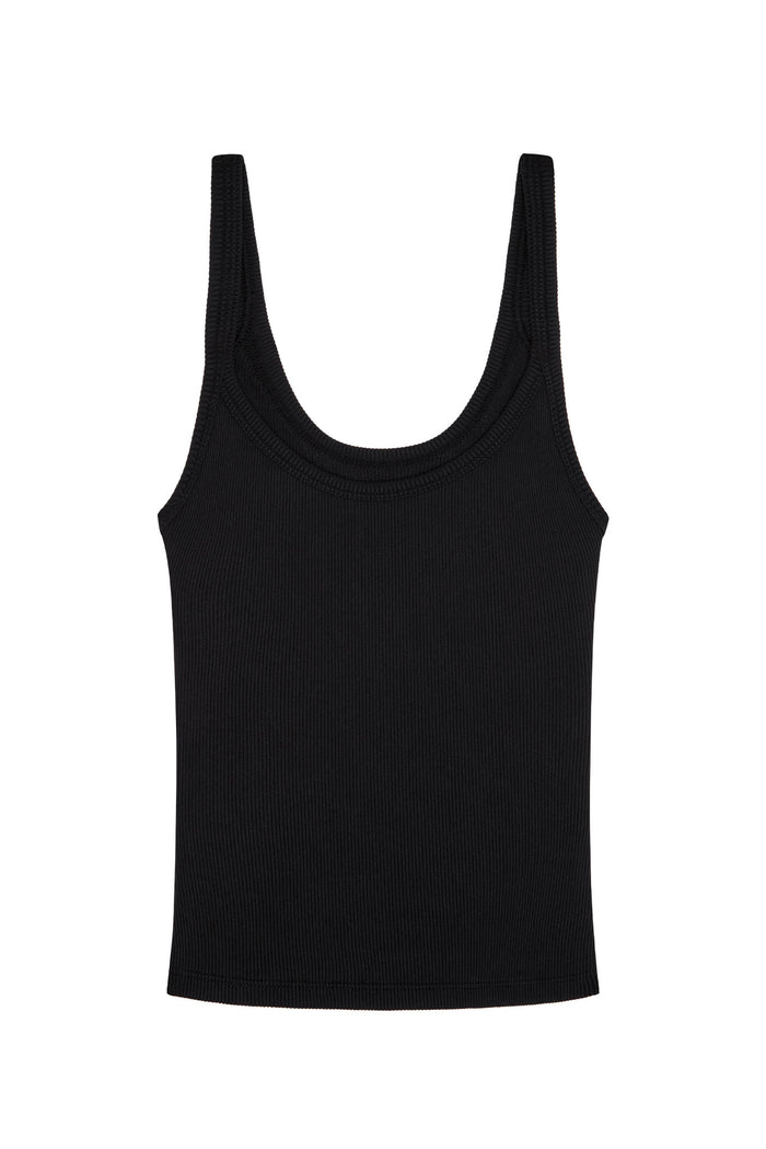 Black ribbed scoop-neck tank top with wide straps, flat-laid on white background.