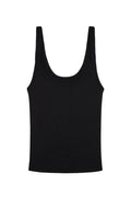 Black ribbed scoop-neck tank top with wide straps, flat-laid on white background.