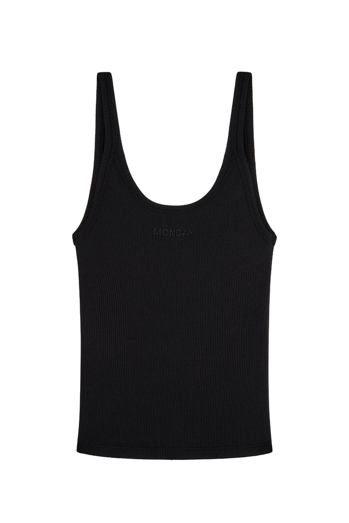 Black ribbed tank top with MONDAY embroidered at center chest.