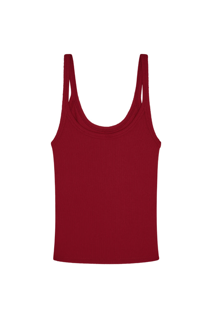 Front view of Devin Tank - Cherry Thin Rib showing scoop neckline, thin rib texture and narrow straps on white background