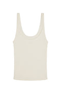 Flat-lay of Devin Tank Long showing scoop neckline and thin ribbed texture in ivory on white background