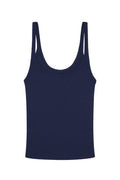 Front view of Devin Tank in midnight navy showing thin rib texture, scoop neckline and thin straps on white background