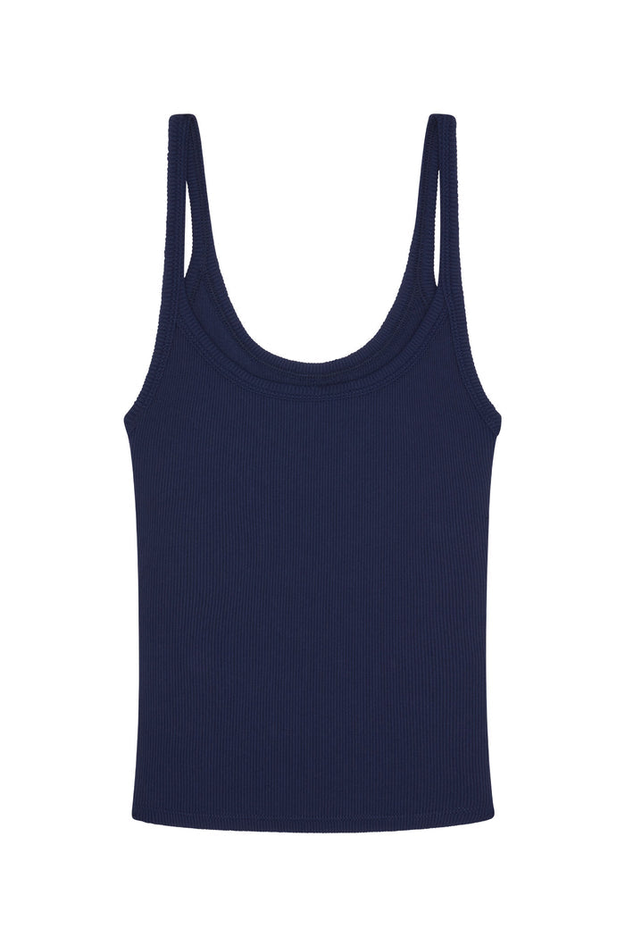 Front view of Devin Tank in midnight navy showing thin rib texture, scoop neckline and thin straps on white background