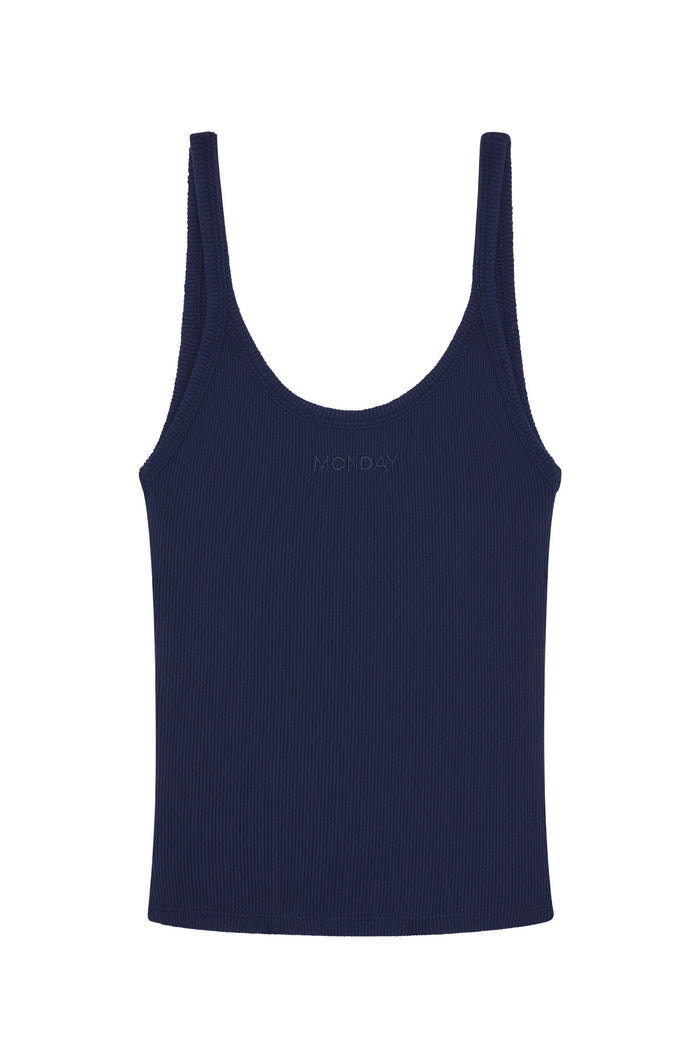 Front view of Devin Tank in midnight showing thin rib texture, scoop neck and embroidered MONDAY logo on white background