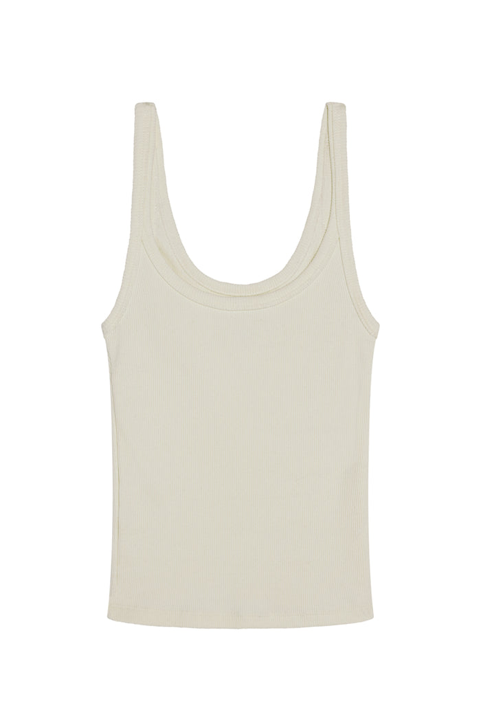 Cream ribbed scoop-neck sleeveless tank top on white background