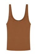 Front view of Devin Tank Long in caramel lightweight rib showing scoop neckline, slim straps, and ribbed texture on white background