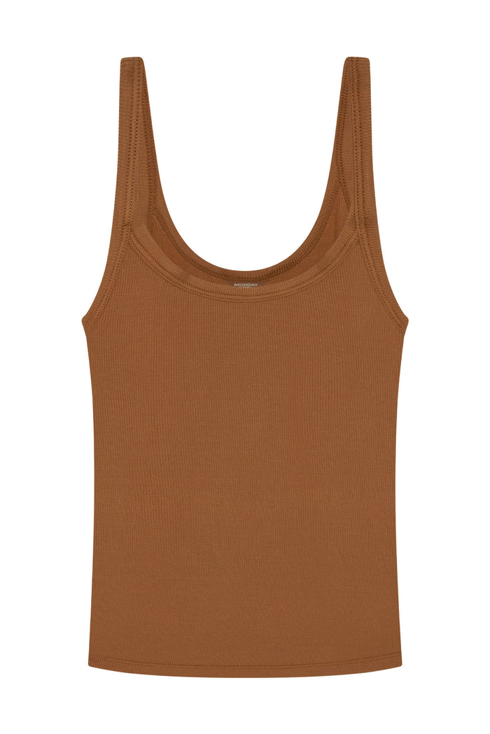 Front view of Devin Tank Long in caramel lightweight rib showing scoop neckline, slim straps, and ribbed texture on white background