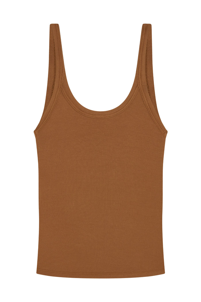 Front view of Devin Tank Long in caramel lightweight rib showing scoop neckline, narrow straps and ribbed texture on white background