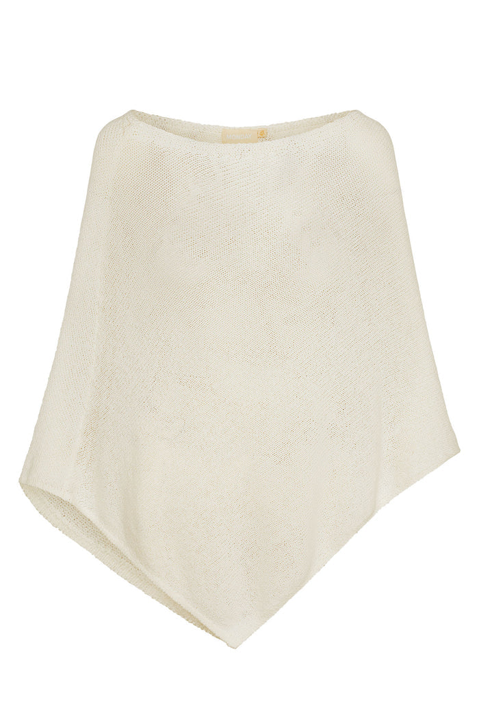Front view of Dominica Poncho in ivory, open-knit fabric with relaxed poncho silhouette on white background