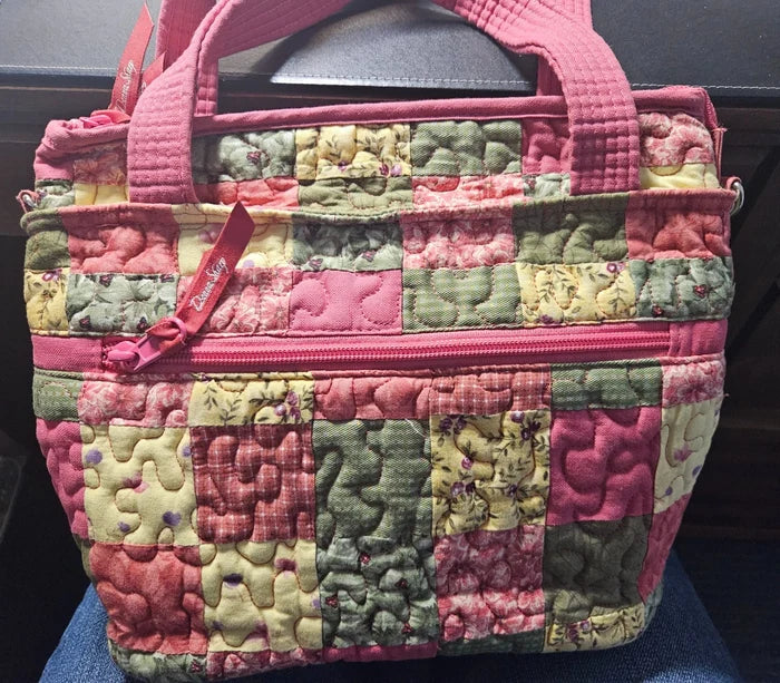 Donna Sharp Quilted Handbag – Pink & Green Floral Patchwork Design Purse, Gently Used