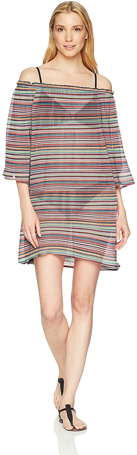 Ellen Tracy Women's Off the Shoulder Swimwear Cover Up, Striped/Multicolor