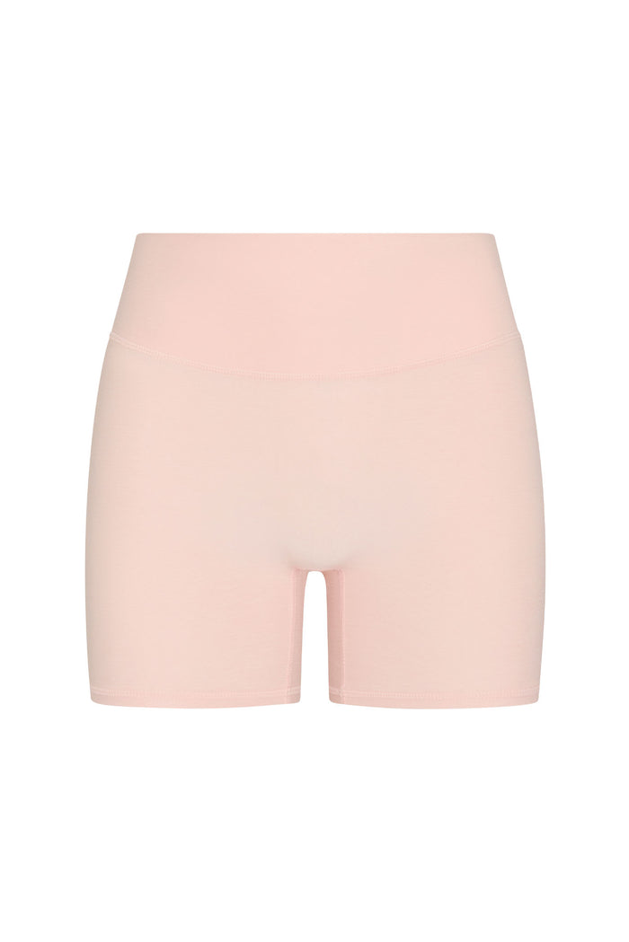 Front view of Elysian Short in heather powder pink showing high doubled waistband, pocket seam, and short inseam on white background