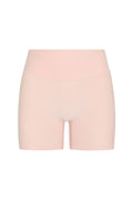Front view of Elysian Short in heather powder pink showing high doubled waistband, pocket seam, and short inseam on white background
