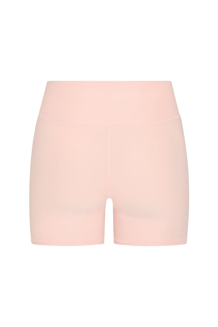 Front view of Elysian Short in Heather Powder Pink showcasing high waist and 4.5-inch inseam with white background
