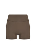 Front view of Elysian Short in stone jersey showcasing high-rise wide waistband and short fitted legs on white background