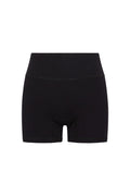 Black ribbed high-waist biker shorts with short inseam and center crotch seam on white background