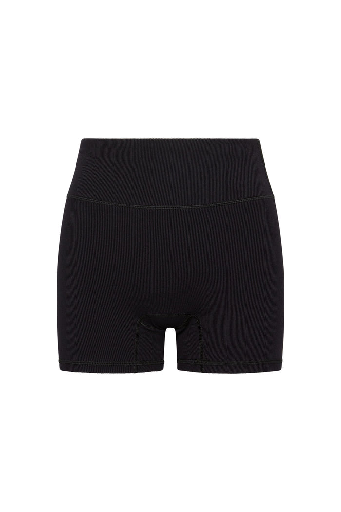 Black ribbed high-waist biker shorts with short inseam and center crotch seam on white background