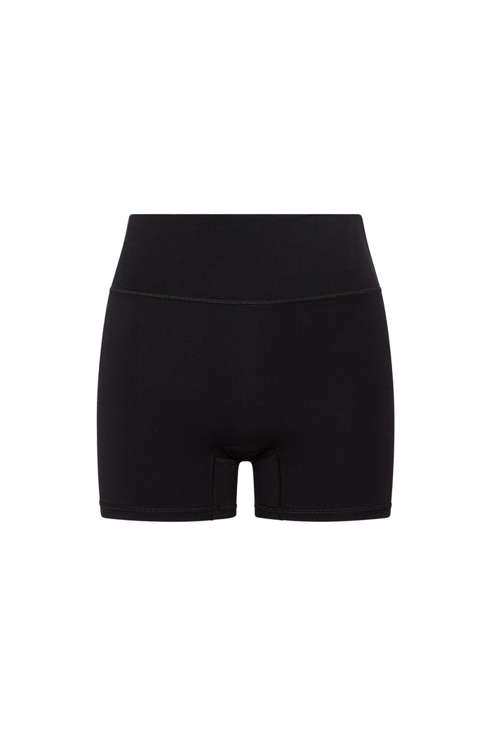 Front view of Elysian Short 4.5 inch in black showing high-rise waistband and contoured stitching on white background