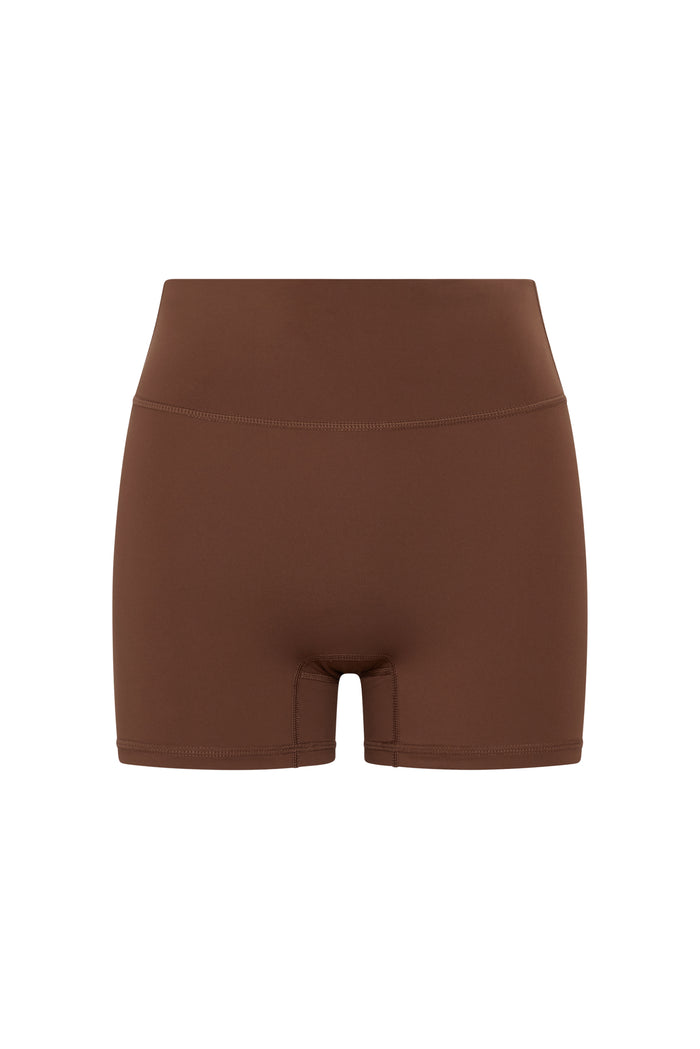 Front view of Elysian Short 4.5-inch in Cliffside showing high-rise waistband and smooth fabric on white background