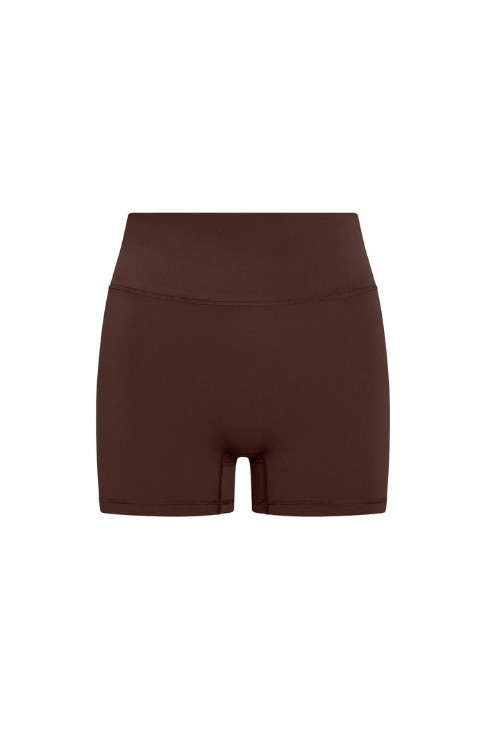 Front view of Elysian Short 4.5 inch in Espresso showing high-waist fit and 4.5 inch inseam on white background