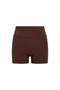 Front view of Elysian Short 4.5 inch in Espresso showing high-waist fit and 4.5 inch inseam on white background